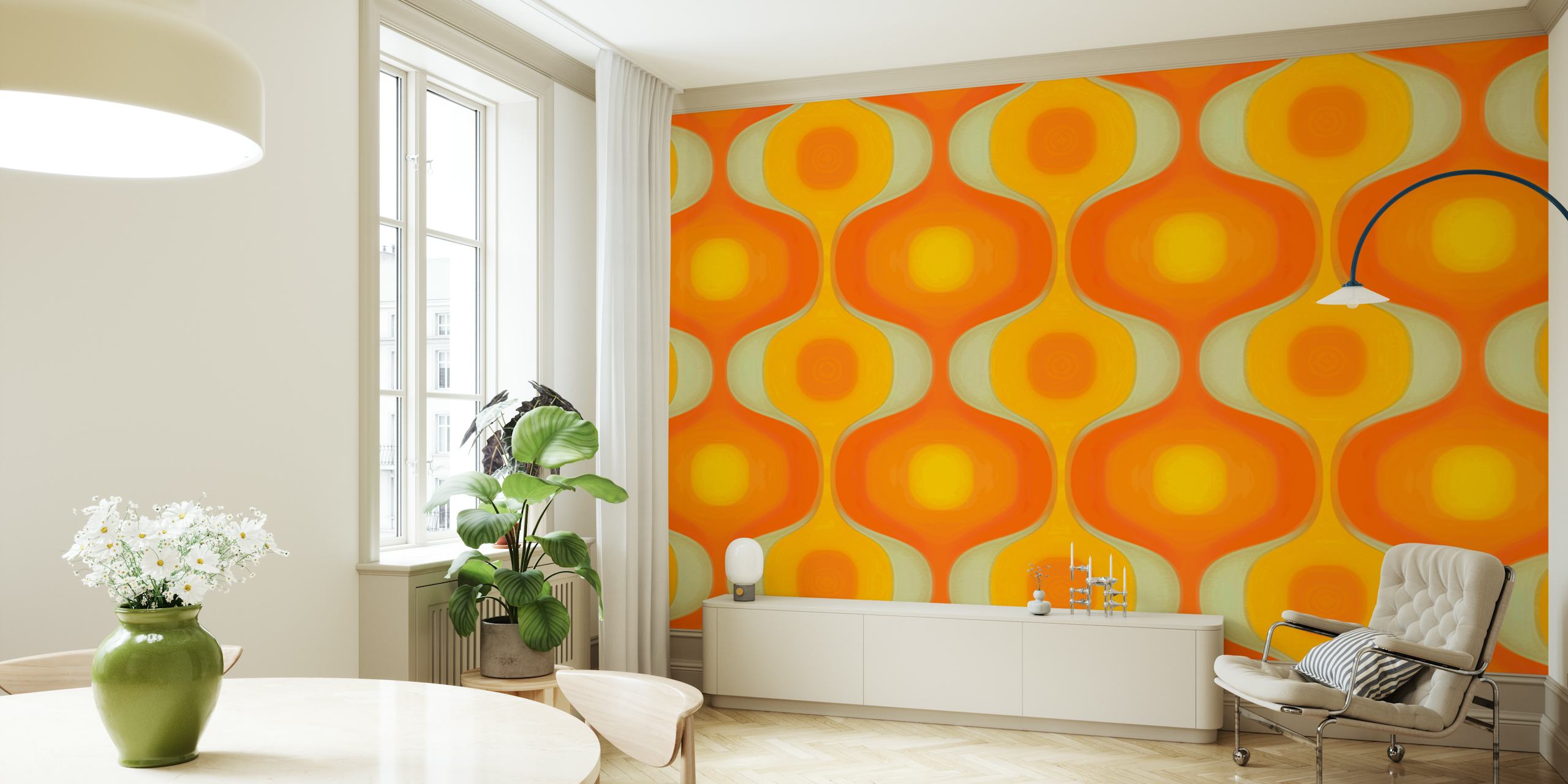 Papel pintado Sunny Retro Abstract Geo Waves en una habitación